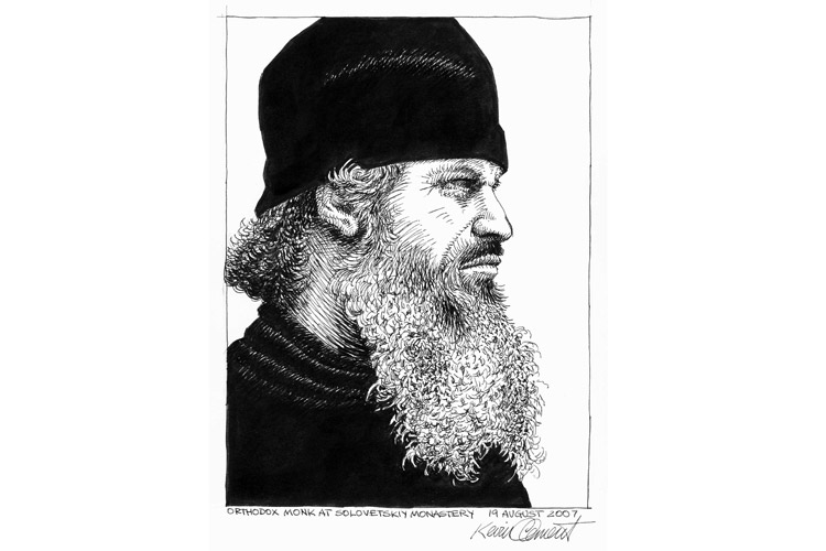 Sketch by Kevin Clement of a Russian Orthodox Monk at the monastery of Solovestkiy on an island in the White Sea