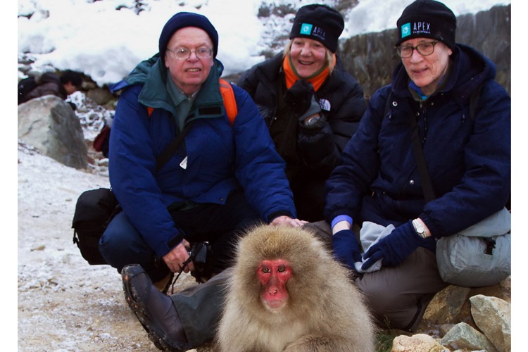 Japan winter travel image of Snow Monkeys and Apex Expeditions leader and travelers