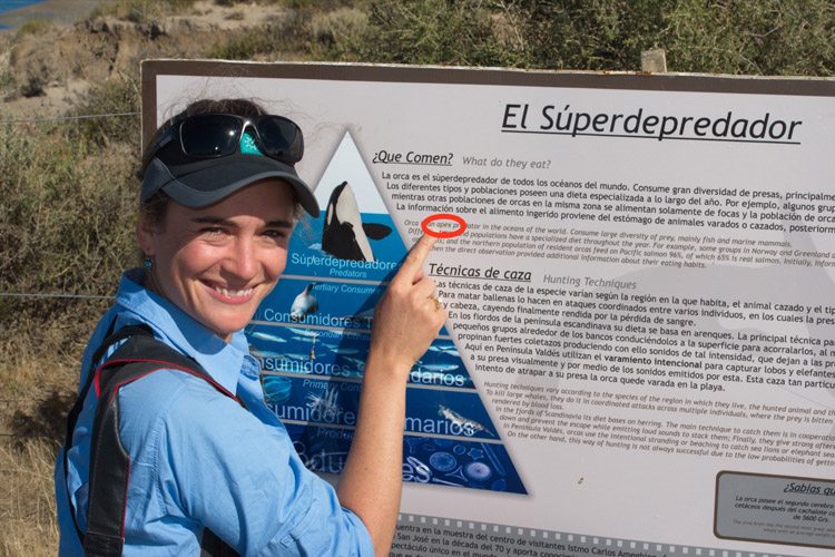 Patagonia tours slide showing sign about Orcas and Apex Expeditions leader Giovanna Fasanelli