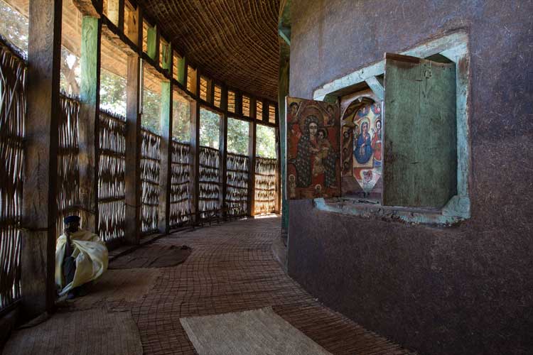 Ethiopia travel tour slide of a church, Ura Kidane Meret, and a collection of murals