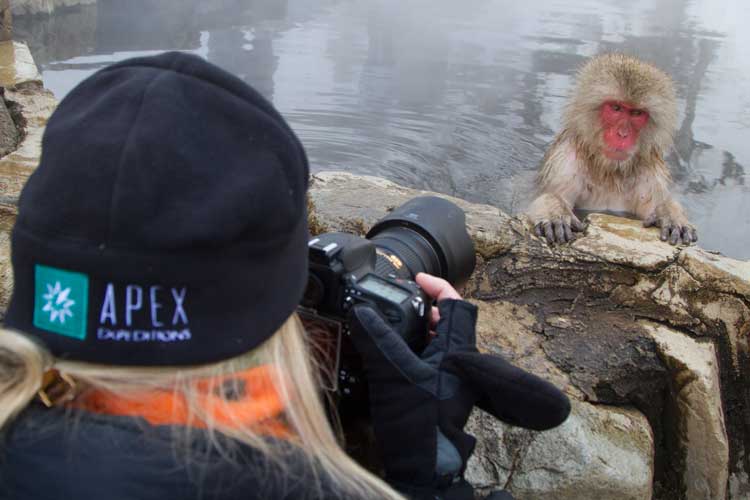 Japan tours image of Apex Expeditions leader Shirley Metz and a Japanese Macaque