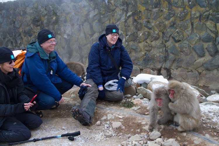 Japan wildlife tours image of Apex Expeditions travelers with Japanese Macaques