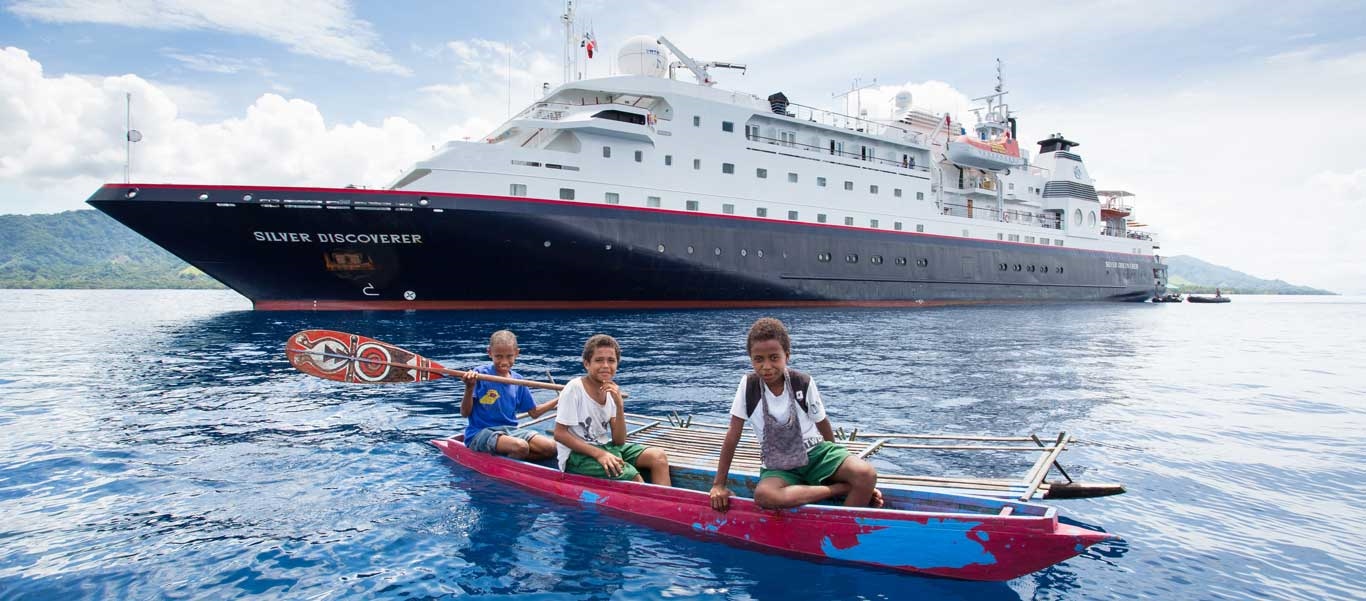small ship south pacific cruises image of Silver Discoverer with children